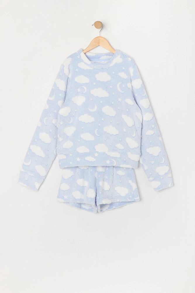 Ensemble pyjama avec haut à manches longues et short en peluche pour fille