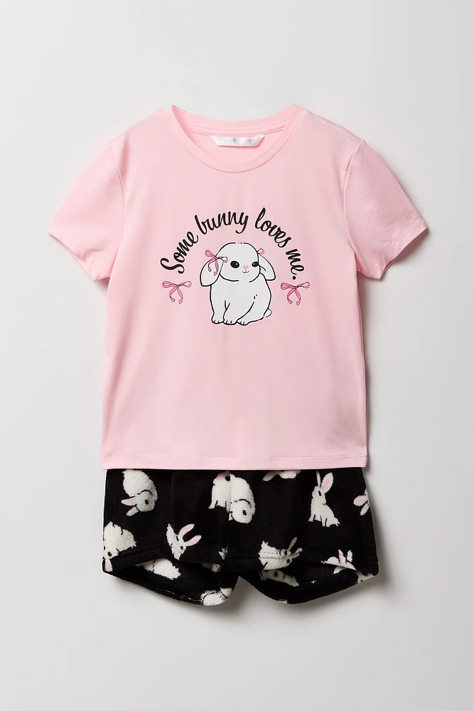 Girls Graphic T-Shirt & Plush Short 2 Piece Pajama Set