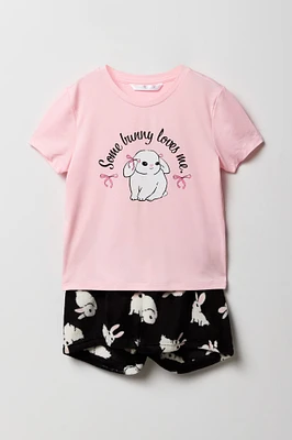 Girls Graphic T-Shirt & Plush Short 2 Piece Pajama Set