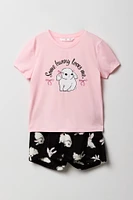 Girls Graphic T-Shirt & Plush Short 2 Piece Pajama Set
