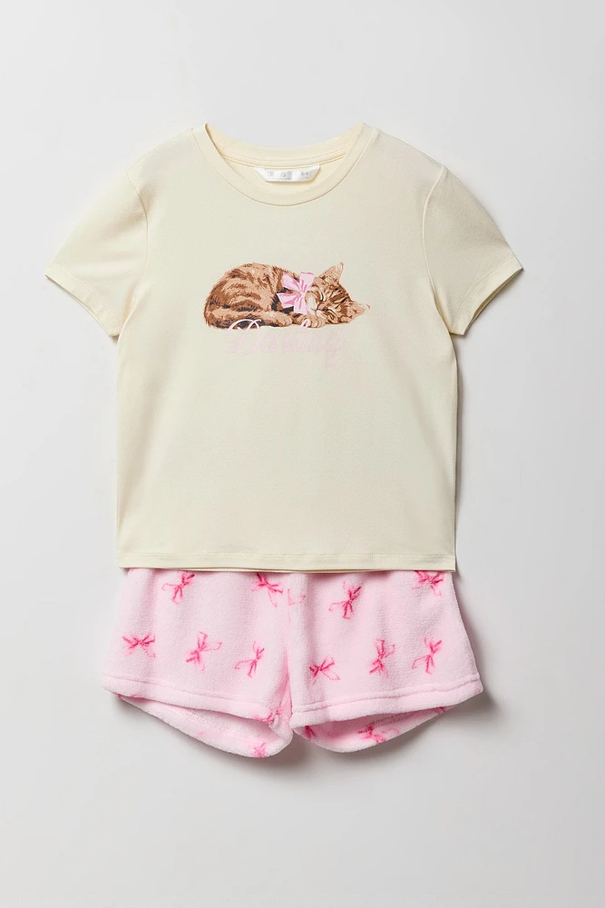 Ensemble pyjama avec t-shirt imprimé et short en peluche pour fille