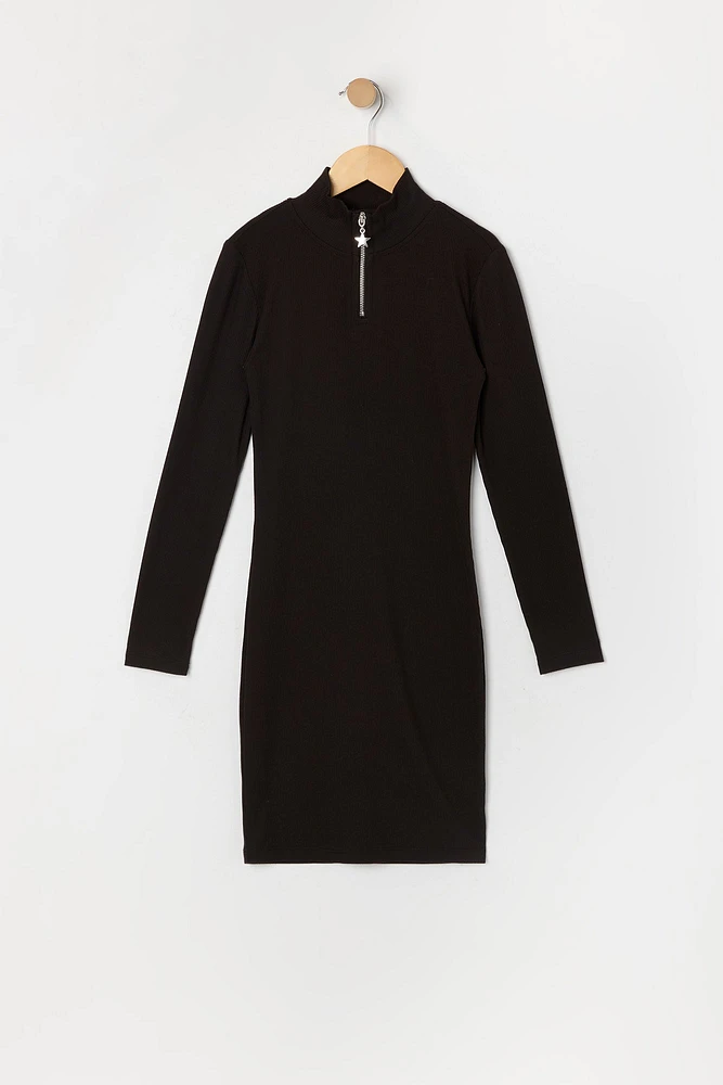 Girls Ribbed Quarter Zip Long Sleeve Dress