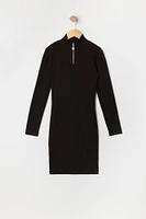 Girls Ribbed Quarter Zip Long Sleeve Dress