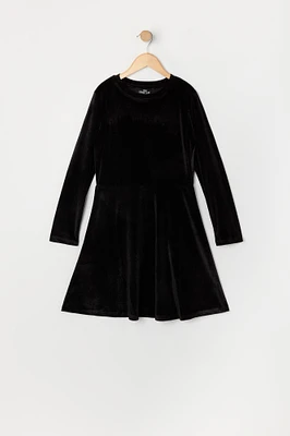 Robe à jupe virevoltante et manches longues en velours pour fille