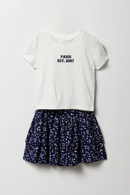 Ensemble deux pièces t-shirt brodé et jupe étagée pour filles