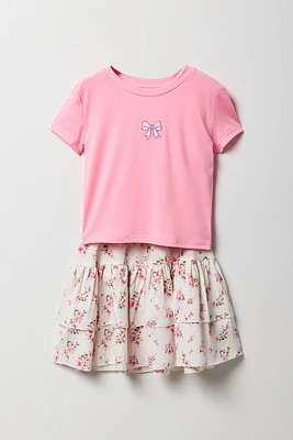 Ensemble deux pièces t-shirt brodé et jupe étagée pour filles