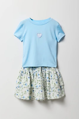Ensemble deux pièces t-shirt brodé et jupe étagée pour filles