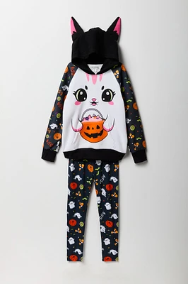 Ensemble avec haut à capuchon et legging Chat d'Halloween 3D pour jeune