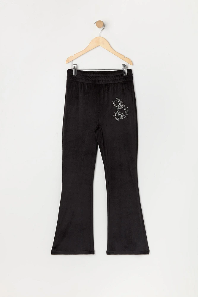 Girls Rhinestone Star Velour Flare Pant