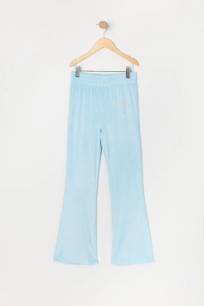 Girls Rhinestone Heart Velour Flare Pant