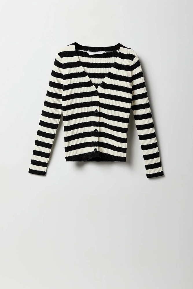 Girls Striped Knit Button-Up Cardigan