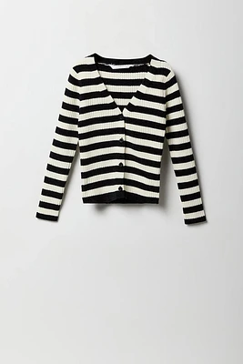 Girls Striped Knit Button-Up Cardigan