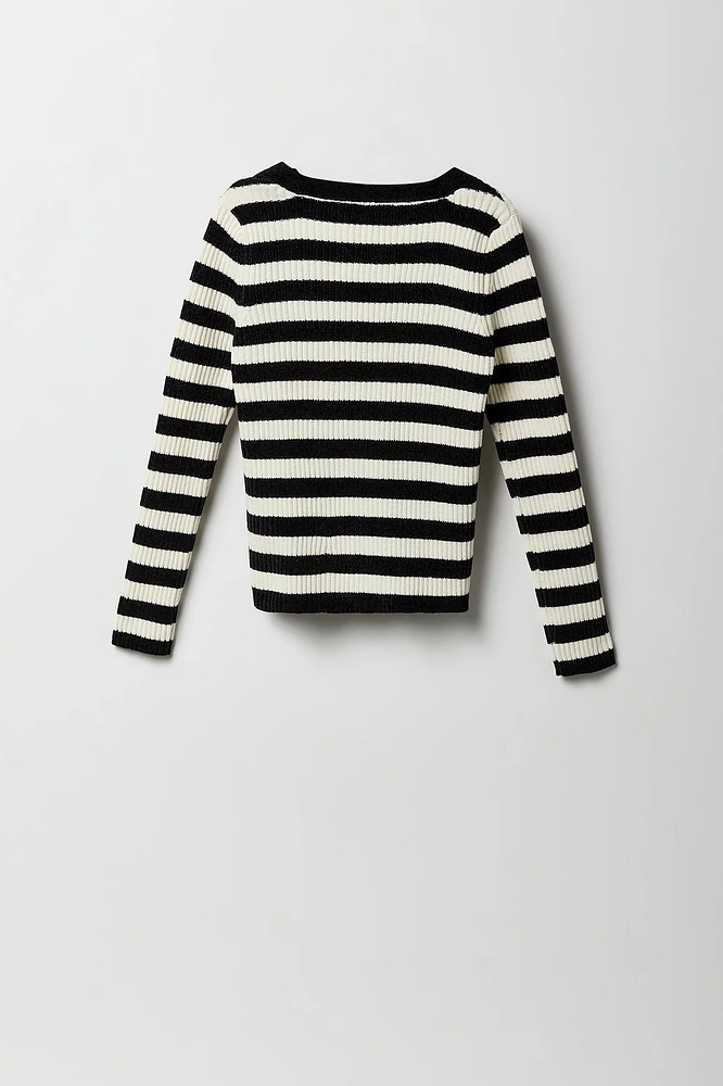 Girls Striped Knit Button-Up Cardigan