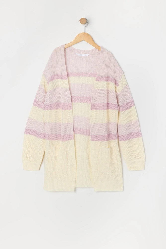 Cardigan long en tricot rayé pour fille