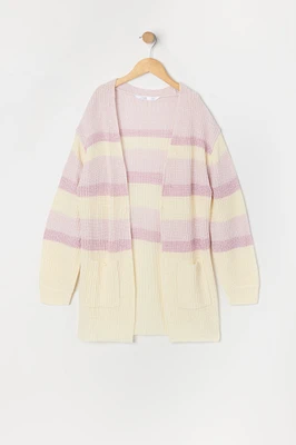 Cardigan long en tricot rayé pour fille