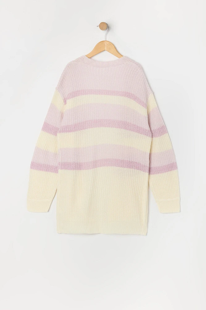 Cardigan long en tricot rayé pour fille