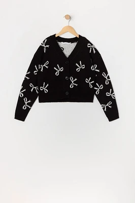 Girls Bow Knit Button-Up Sweater