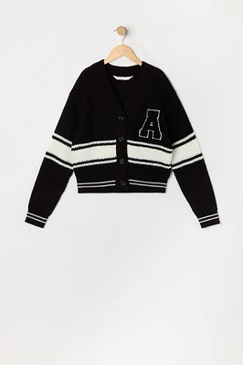 Girls Chenille Embroidered Striped Knit Cardigan