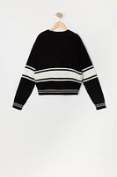 Girls Chenille Embroidered Striped Knit Cardigan