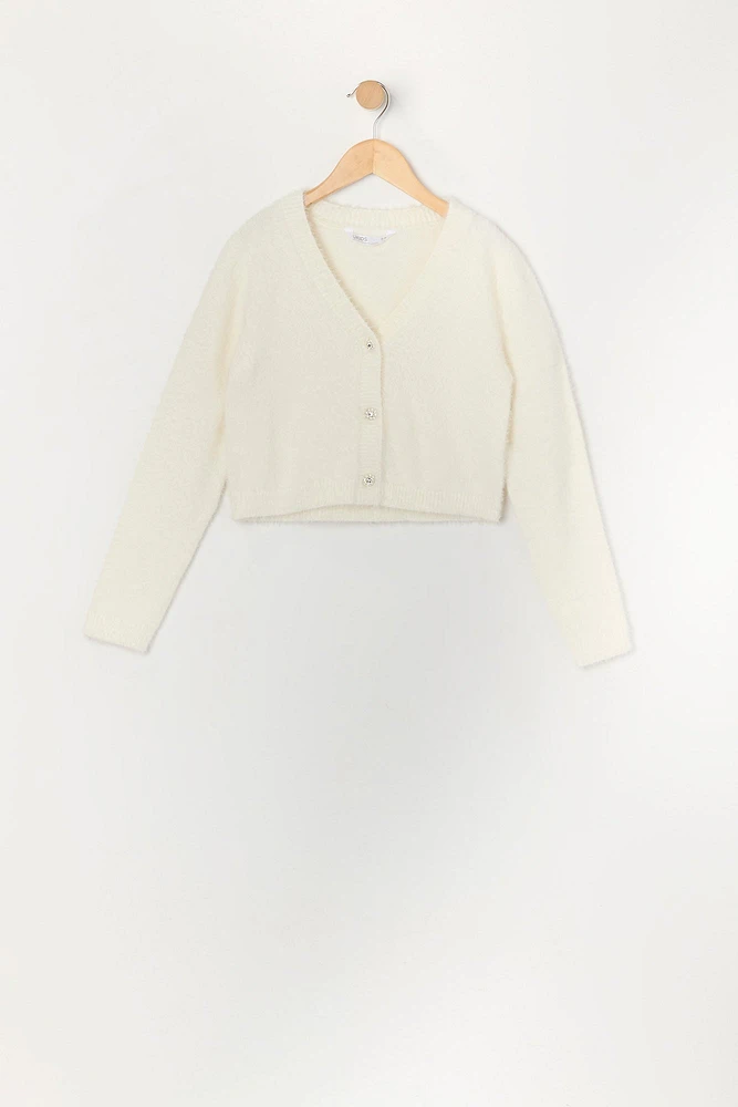 Cardigan boutonnÃ© en tricot pelucheux avec pierres du Rhin pour fille