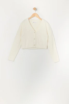 Cardigan boutonnÃ© en tricot pelucheux avec pierres du Rhin pour fille