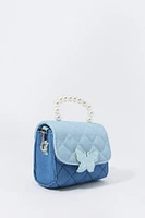 Sac à bandoulière en denim matelassé à imprimé Papillon pour fille