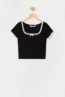 Girls Ribbed Lace Bow Trim T-Shirt