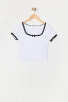 T-shirt côtelé avec liséré de dentelle boucle pour fille