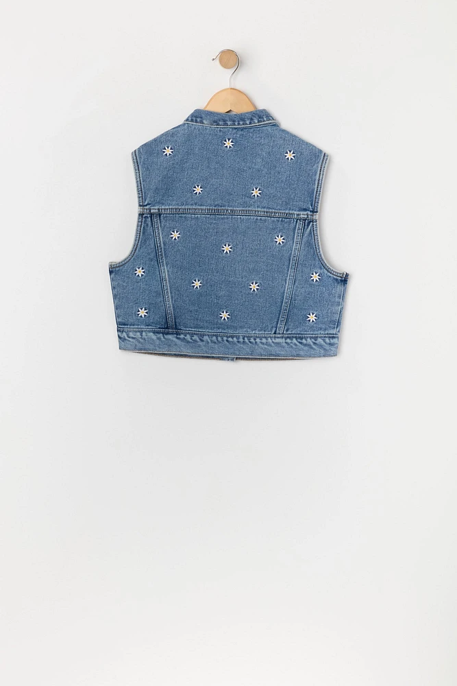 Girls Daisy Embroidered Denim Vest