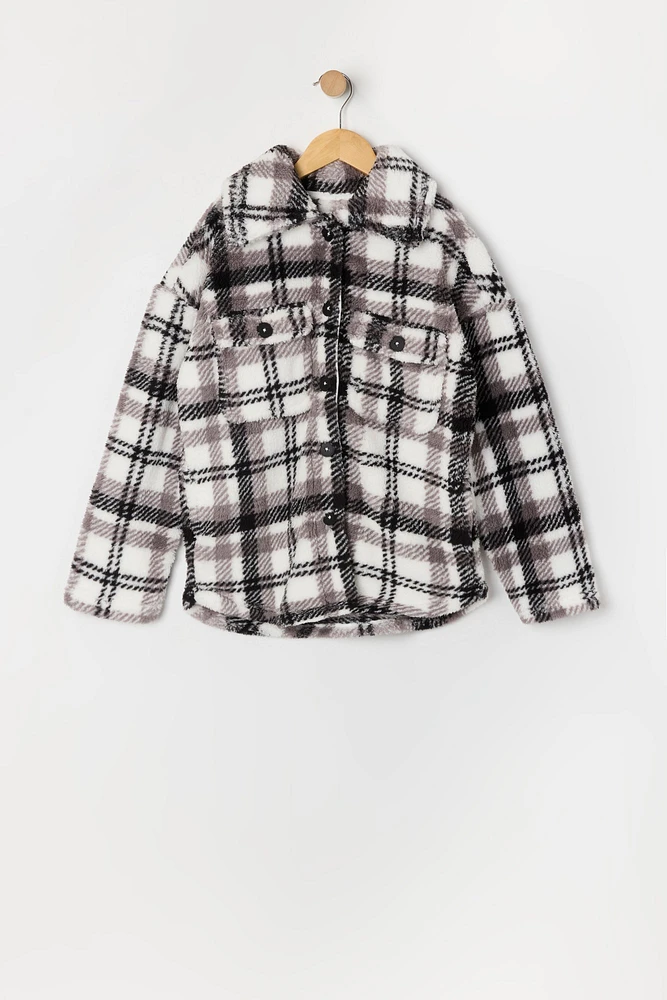 Girls Sherpa Plaid Shacket