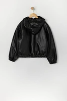 Girls Faux Leather Hooded Bomber Jacket