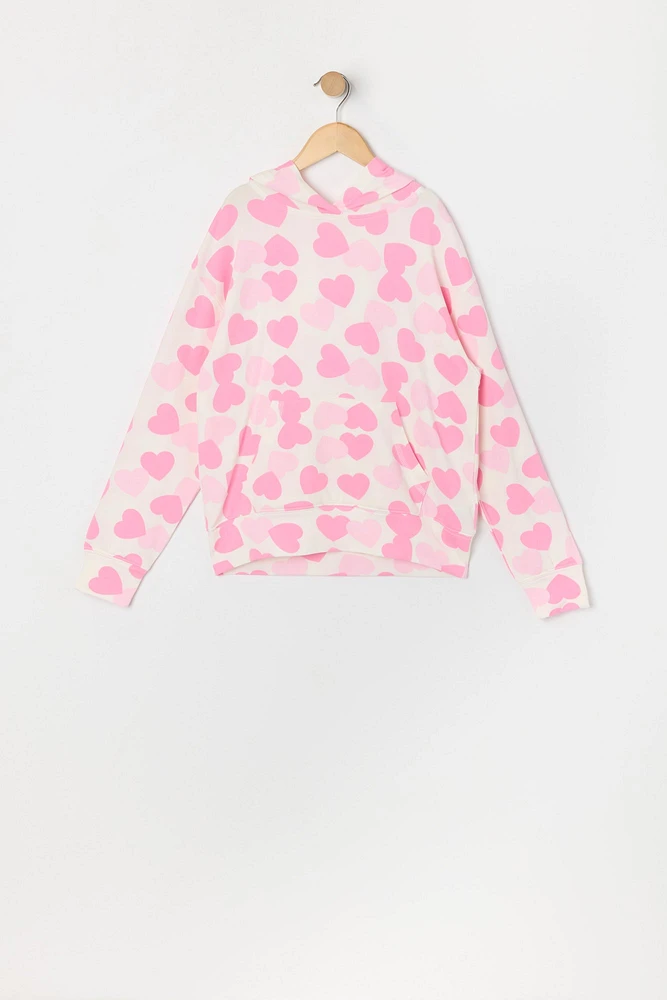 Girls Heart Print Fleece Hoodie