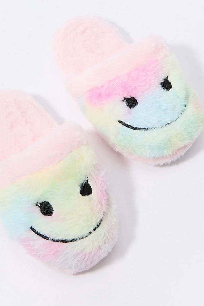 Pantoufles-chaussettes en pelluche à imprimé Smiley arc-en-ciel pour fille