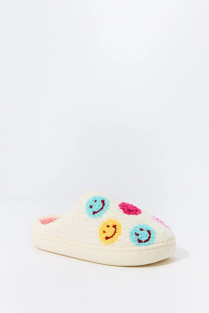 Girls Smiley Faces Faux-Fur Slipper