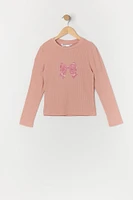 Girls Rhinestone Bow Graphic Long Sleeve Top