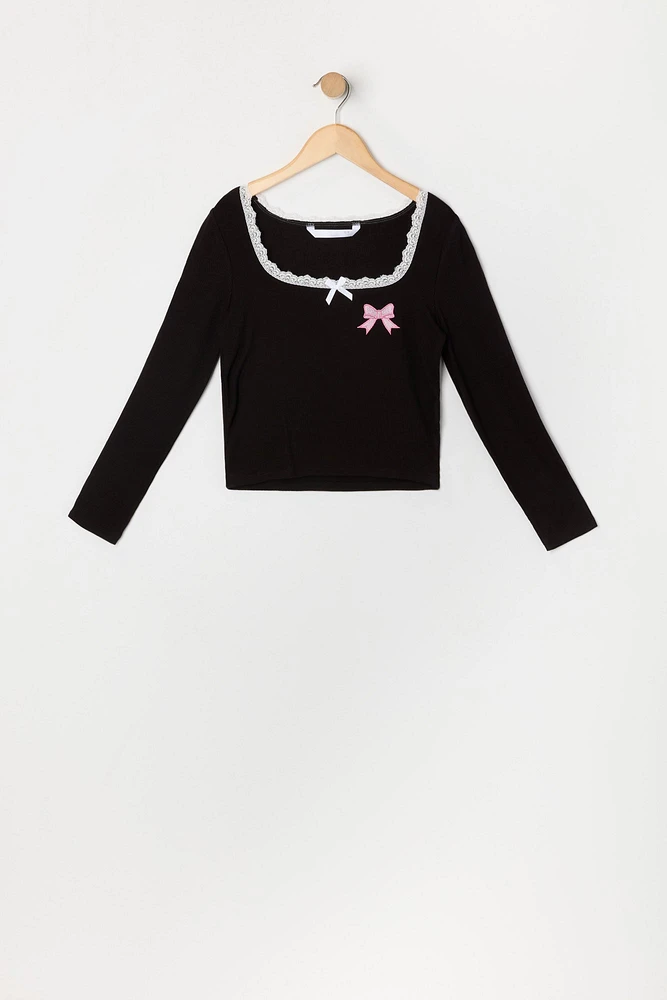 Girls Graphic Embroidered Lace Trim Long Sleeve Top