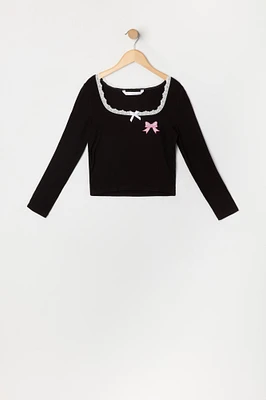 Girls Graphic Embroidered Lace Trim Long Sleeve Top