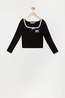 Girls Graphic Embroidered Lace Trim Long Sleeve Top