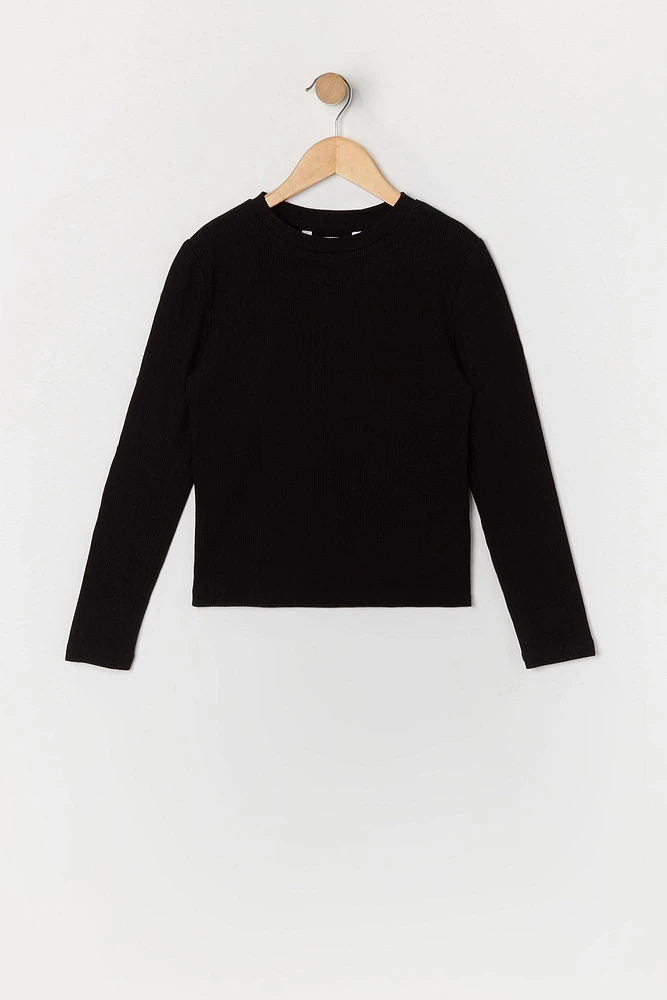 Girls Solid Ribbed Long Sleeve Top