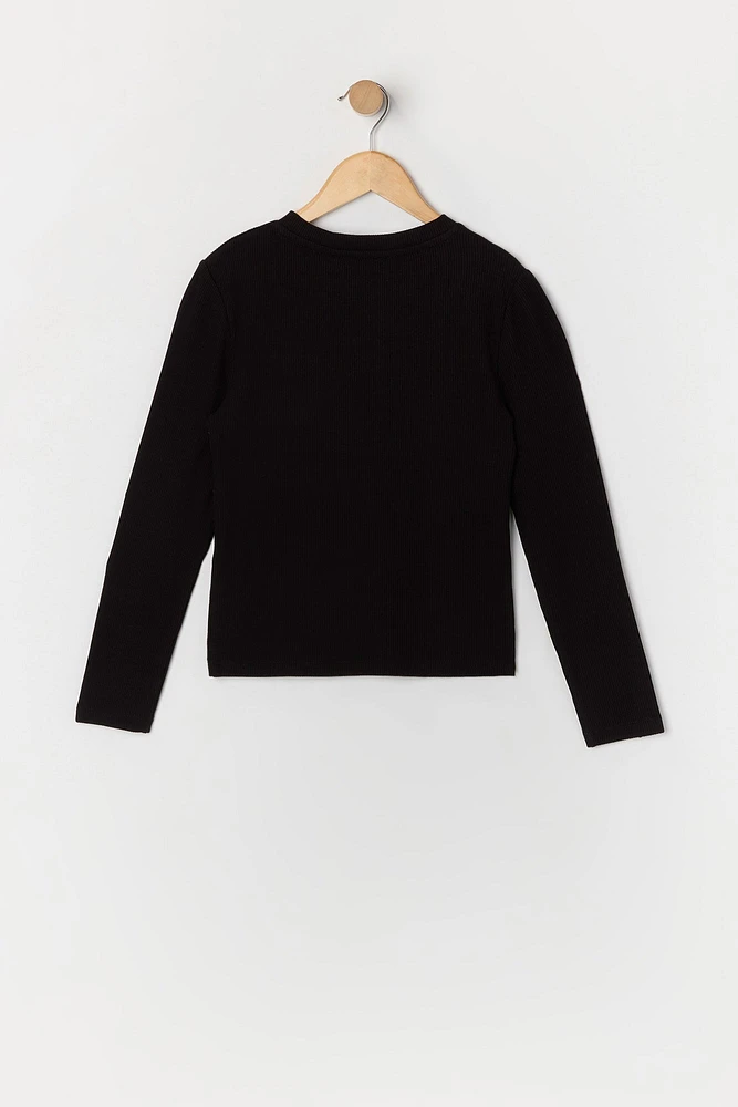 Girls Solid Ribbed Long Sleeve Top