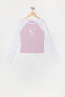 Girls Melting Smiley Graphic Raglan Long Sleeve Top