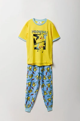 Ensemble-pyjama deux piÃ¨ces t-shirt Ã  imprimÃ© Pikachu et pantalon pelucheux pour garÃ§ons