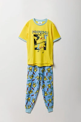 Ensemble-pyjama deux pièces t-shirt à imprimé Pikachu et pantalon pelucheux pour garçons