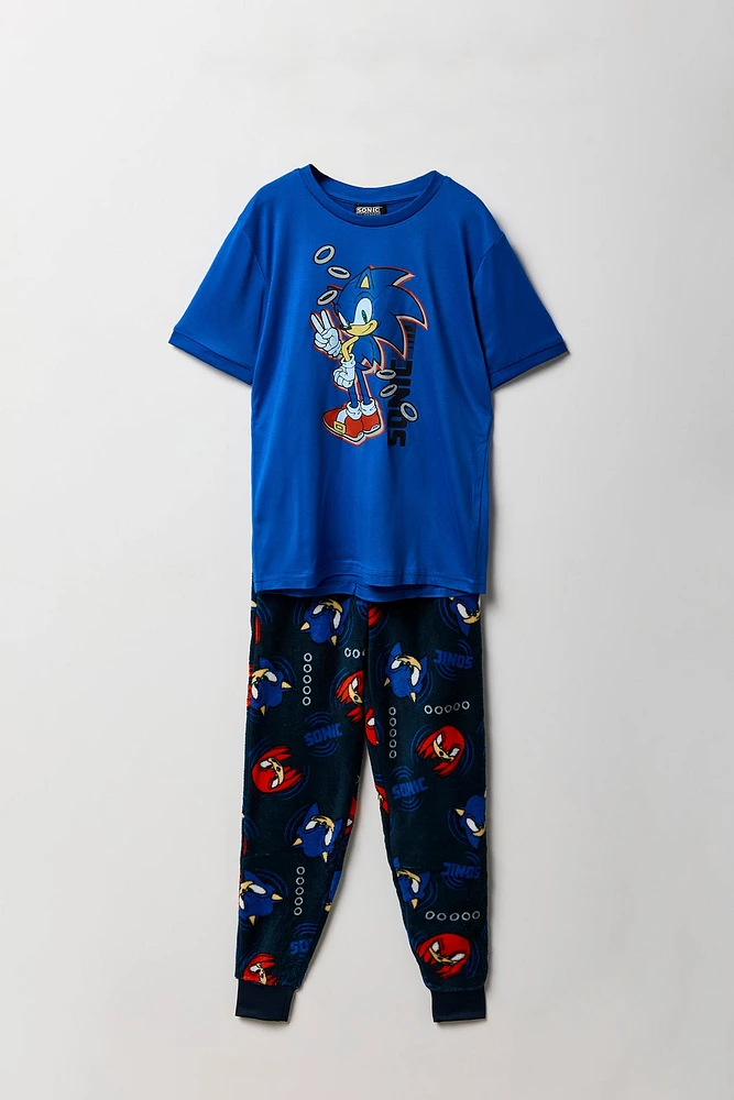 Ensemble-pyjama deux piÃ¨ces t-shirt Ã  imprimÃ© Sonic et pantalon pelucheux pour garÃ§ons