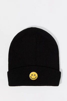 Boys Smiley Embroidered Ribbed Knit Beanie