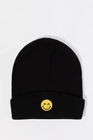 Boys Smiley Embroidered Ribbed Knit Beanie