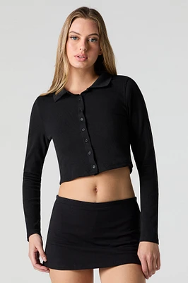 Ribbed Button Front Cropped Long Sleeve Top