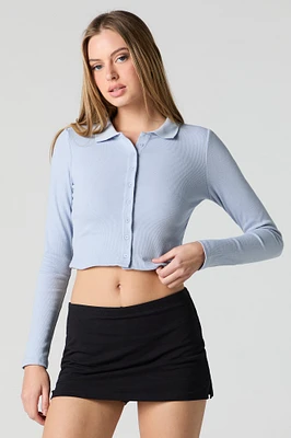Ribbed Button Front Cropped Long Sleeve Top