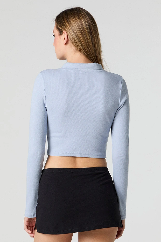 Ribbed Button Front Cropped Long Sleeve Top