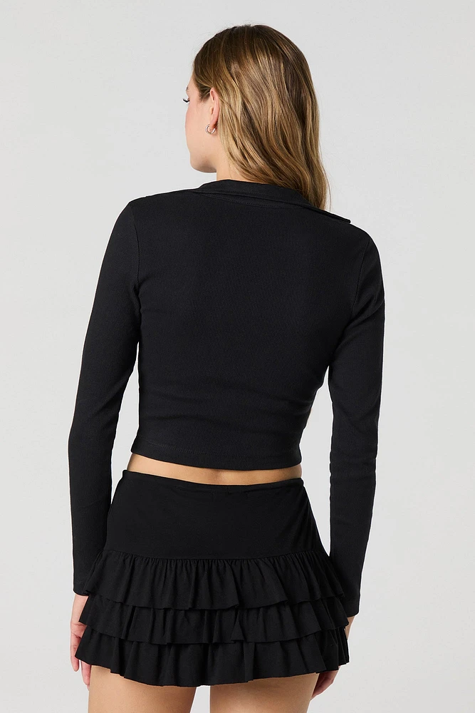 Ribbed Collared Cropped Long Sleeve Top